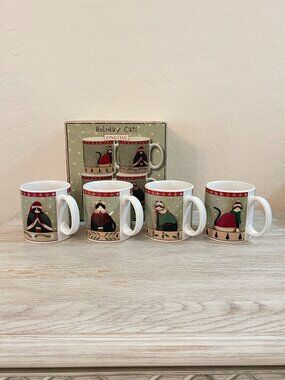 New Oneida Holiday Cats Mugs Cups Set of 4 Fiddlestix Stoneware Christmas Winter
